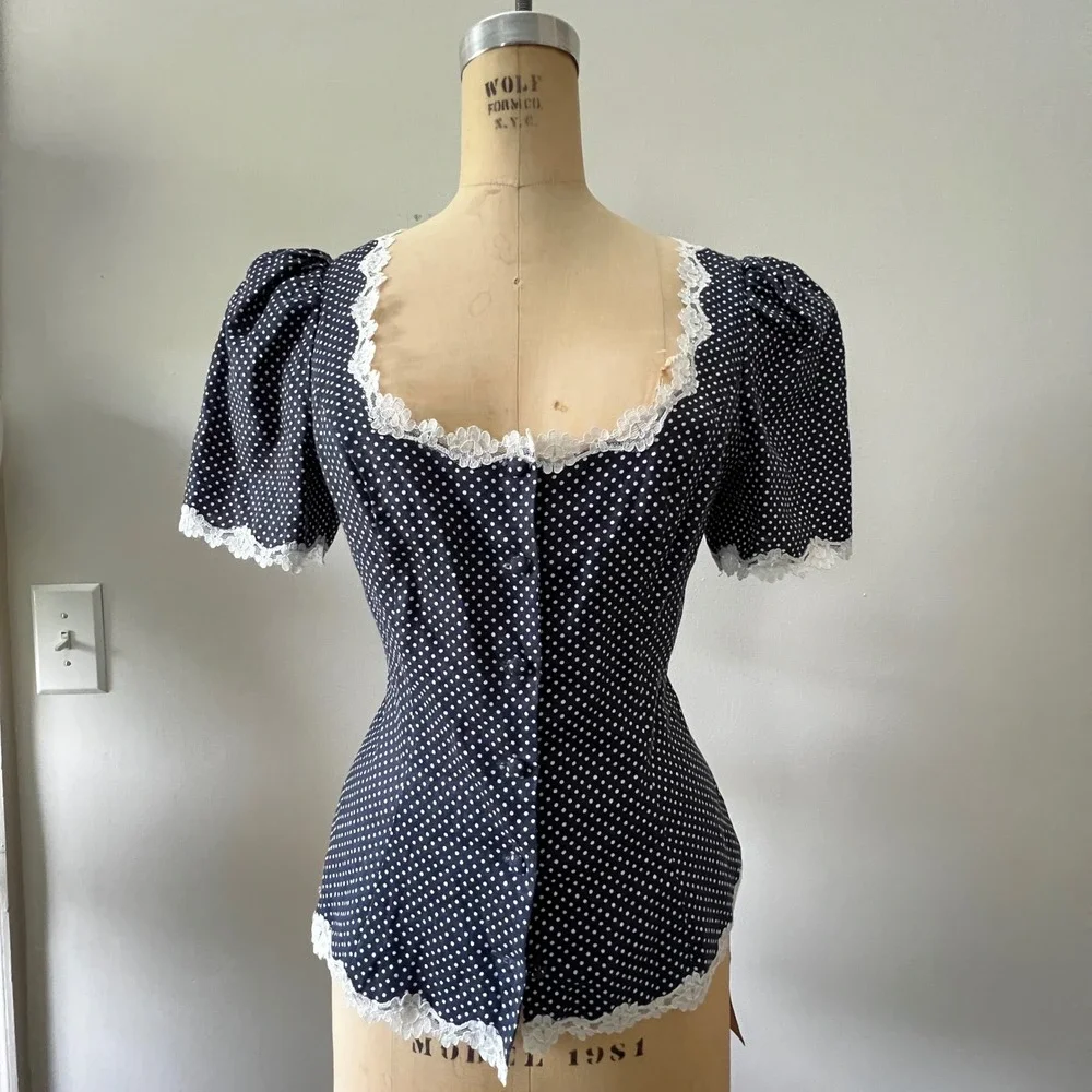 Reformation Anabella Polka Dot Linen Lace Trim Puff Sleeve Button Front Top S/M